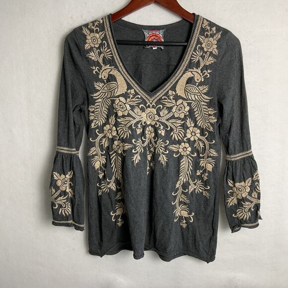 Johnny Was Adele Embroidered Jersey Top Charcoal Gray V Neck Small J17018-6 - Picture 2 of 9